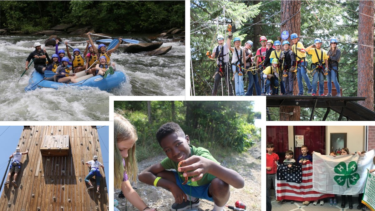 Collage of various student group activities including whitewater rafting, ropes course, climbing wall, outdoor adventures and a 4-H meeting